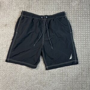 Nautica Mens Black Swim Trunks Mesh Lined Board Shorts Large White Stitching